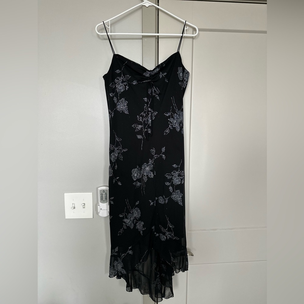 High-Low Black Dress with floral glitter detailing